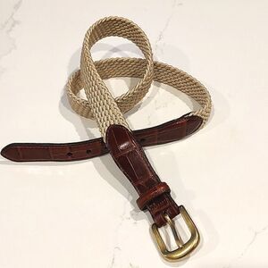 Brighton Tan Woven Web Belt with Croc Embossed Leather and Solid Brass Buckle